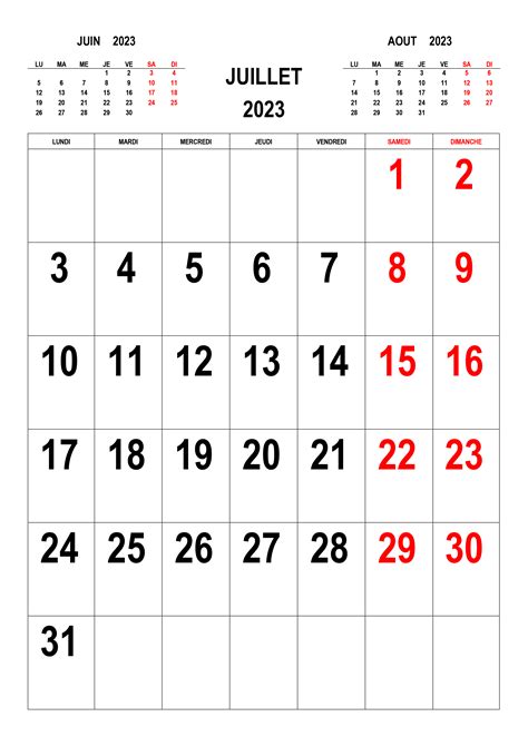 calendrier mois juillet 2023